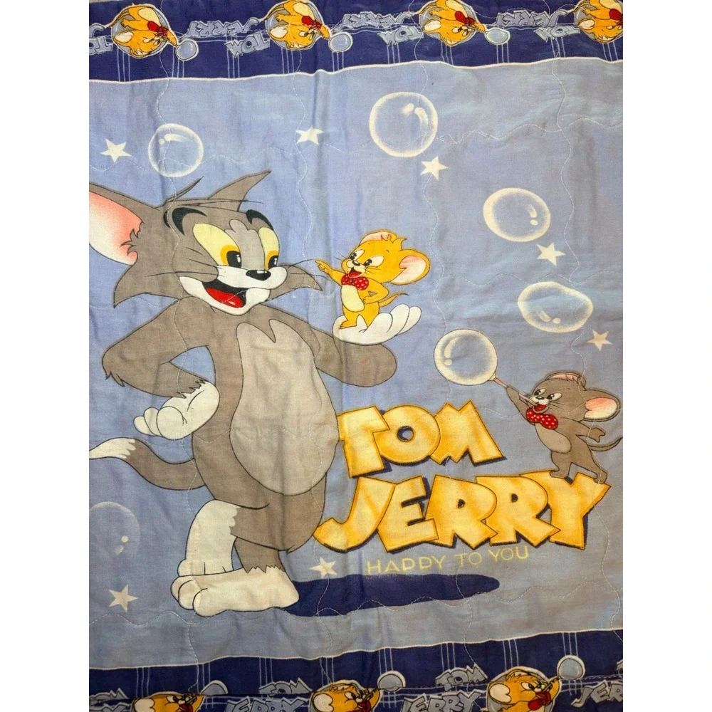 Vintage Tom and Jerry Quilted Pillow Sham Blue Zippered Cartoon Bedding